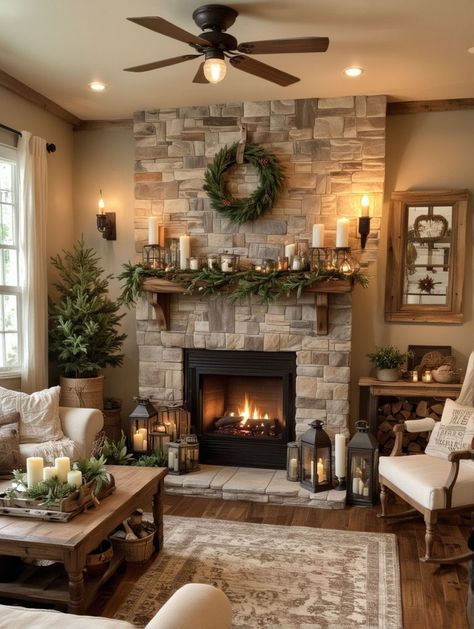 Fireplace Stoop Ideas, Home Decor Ideas Modern Elegant, Fireplace Cottage Style, Corner Fireplace With Built Ins On Side, Fire Places Ideas Living Room Rustic, Cozy Cottage Living Room Ideas, Modern Farmhouse Living Room Gray, Stone Fireplace With Mantle, Brick Corner Fireplace