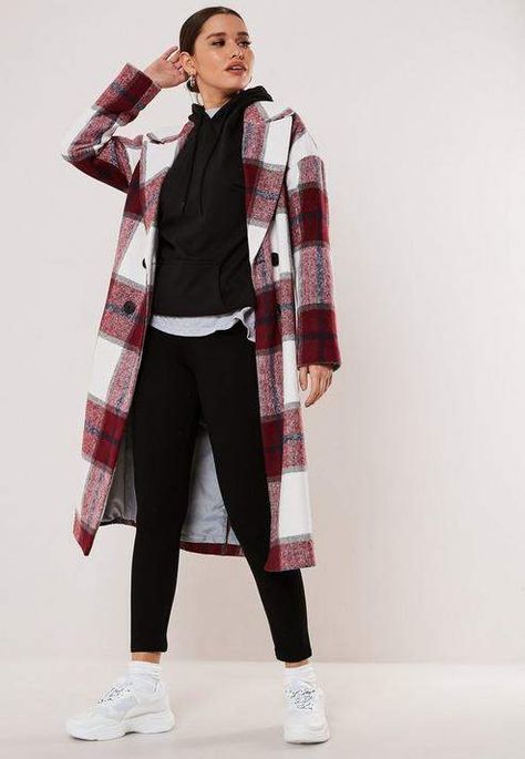 Missguided Red Plaid Oversized Cocoon Coat Wool Trench Coat Women, Peacoat Womens, Long Winter Coats Women, Lightweight Trench Coat, Plaid Wool Coat, Elegant Blazers, Summer Coats, Long Winter Coats, Cocoon Coat