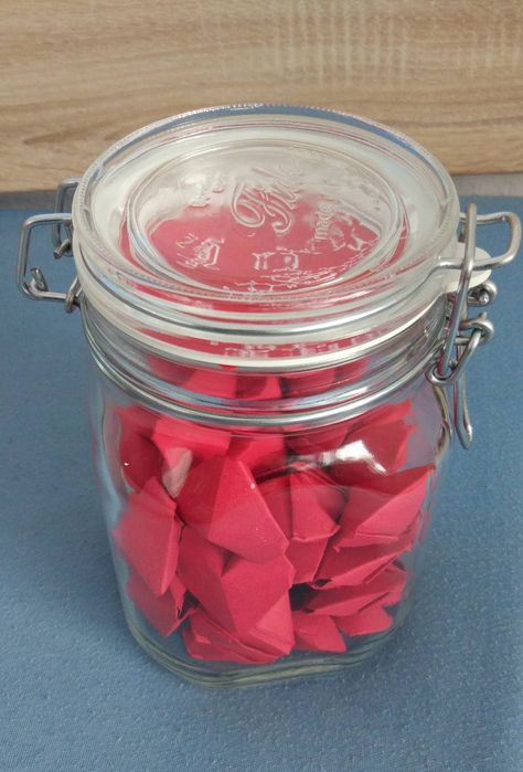 Bought a jar and some red origami paper. Used a silver pen to write coupons and folded them into little hearts. I made one for every week of the year. Origami Jar, Origami Ring, Silver Pen, Valentines Presents, Origami Heart, Heart Box, Paper Heart, Red Paper, Paper Hearts