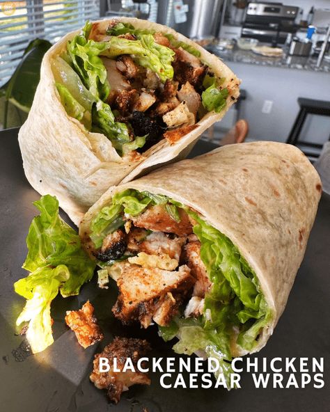 Blackened Chicken Caesar Wraps Cajun Chicken Ceaser Wraps, Blackened Chicken Wrap Recipe, High Protein Chicken Caesar Wrap, Ceaser Wraps Chicken, Blackened Chicken Caesar Salad, Grilled Chicken Ceaser Wraps, Blackened Chicken Meals, Blackened Chicken Wrap, Cesar Chicken Wrap