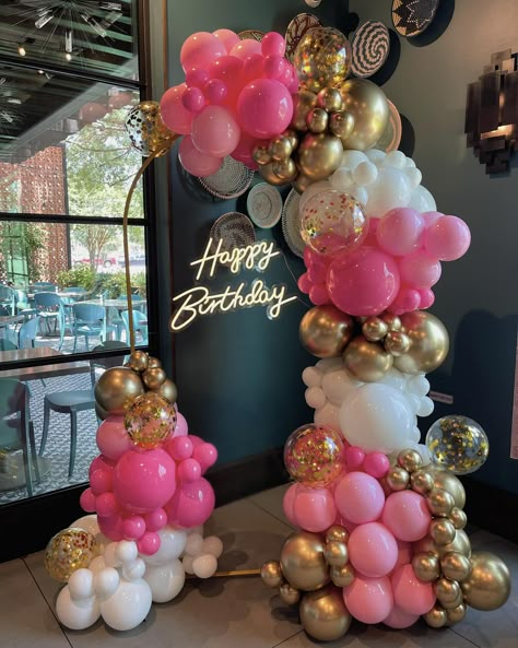 Pink, Gold, and White Birthday Balloon Arch by Capri & Eros Occasions Houston Pink Amd Gold Balloon Garland, Pink Gold And White Birthday Party Decoration, Coral Gold And White Balloon Arch, Pink Gold White Balloon Garland, Balloon Decorations 21st Birthday, Gold And Pink Decorations Party Ideas, Hot Pink White And Gold Party Decoration, Hot Pink And Gold Balloon Garland, Pink And Gold Pool Party