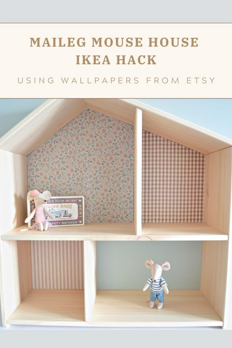 Maileg Mouse House IKEA FLISAT Hack using wallpapers from Etsy Maileg Mice House Diy, Ikea Dollhouse Wallpaper, Ikea Doll House Hack, Flisat Ikea Dollhouse, Maileg Dollhouse Wallpaper, Maileg Ikea House, Diy Ikea Dollhouse, Dollhouse Wallpaper Ideas, Ikea Dollhouse Maileg