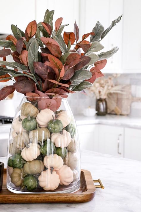 Diy Centerpiece For Wedding, Fall Decor Vase Fillers, Pumpkins In Vase Centerpiece, Pumpkin Vase Filler, Table Pumpkin Centerpiece, Magnolia Leaf Fall Decor, Fall Leaves In Vase, Fall Floor Vase Arrangements, Clear Pumpkin Jar Decor