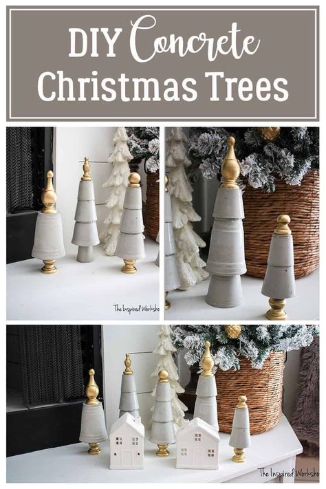 Concrete Christmas Crafts, Cement Christmas Ornaments, Diy Concrete Christmas Decorations, Concrete Christmas Tree, Christmas Concrete Ideas, Wood Table Top Christmas Trees, Concrete Christmas Tree Base, Diy Concrete Christmas Gifts, Concrete Christmas Decor