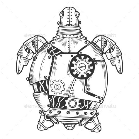 Mechanical Turtle Animal Engraving Vector Steam Punk Animals, Mechanical Animals Drawing, Mechanical Gears Drawing, Mechanical Style Art, Mechanical Art Drawing, Steampunk Animals Drawing, Steampunk Drawing Ideas, Steampunk Turtle, Steampunk Art Drawing