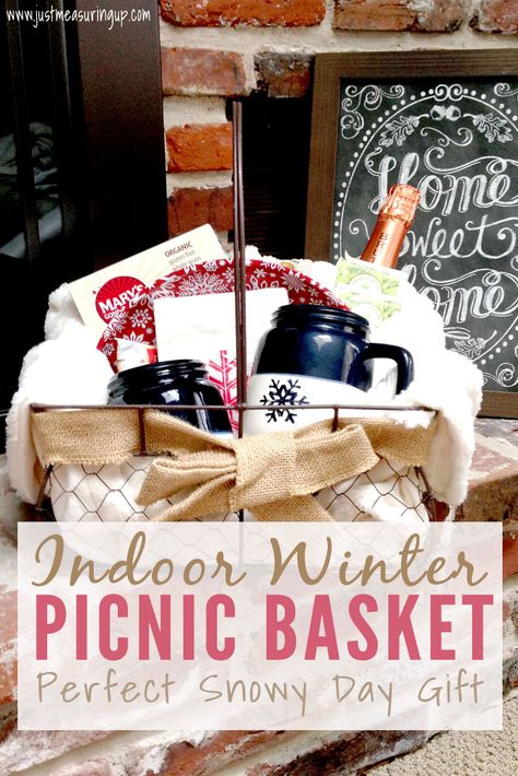 Amazing Christmas gift idea for significant other Diy Gift Baskets For Couples Christmas, Winter Themed Gift Baskets, Picnic Theme Gift Basket Ideas, Cabin Gift Basket, Campfire Gift Basket Ideas, Picnic Basket Gift Ideas Diy, Picnic Raffle Basket Ideas, Gift Basket For Couples Christmas, Date Night Basket Ideas Christmas Gifts