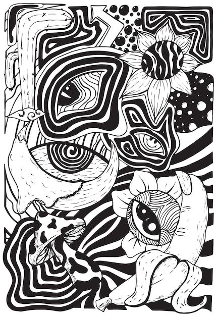 A black and white drawing of a cat and a... | Premium Vector #Freepik #vector #lsd #sketch #psychedelic-art #hand-drawn-sketch Lsd Drawings, Exhibition Inspiration, Skateboard Ideas, Drawing Of A Cat, Lsd Art, Battery Acid, Poster 3d, Trippy Cartoon, Psychadelic Art