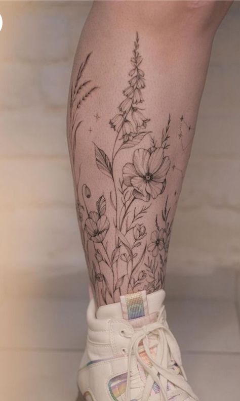 Flower Sleeve Tattoo Leg, Flowers Tattoos For Women Leg, Flowers On Calf Tattoo, Floral Tattoo Design Leg, Garden Leg Sleeve Tattoo, Flower Tattoo Designs Leg, Path Work Tattoo, Cottagecore Leg Tattoo, Simplistic Plant Tattoo