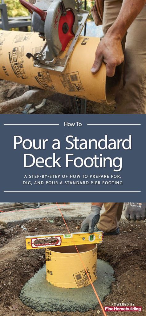 Concrete Footings For Posts, How To Hide Concrete Deck Footings, Deck Footings How To Build, Patio Post Ideas, Deck Post Ideas, Deck Over Concrete, Mixing Concrete, Deck Foundation, Pier And Beam Foundation