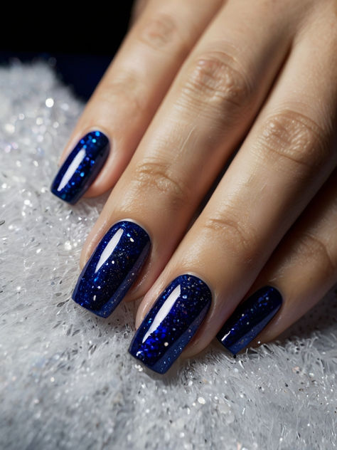 Navy Blue Nails With Glitter, Dark Blue Nails With Glitter, Nail Designs Dark Blue, Dark Blue Glitter Nails, Colour Nail Ideas, Navy Blue Nails Ideas, Icy Blue Nails Winter, Dark Blue Christmas Nails, Blue Navy Nails