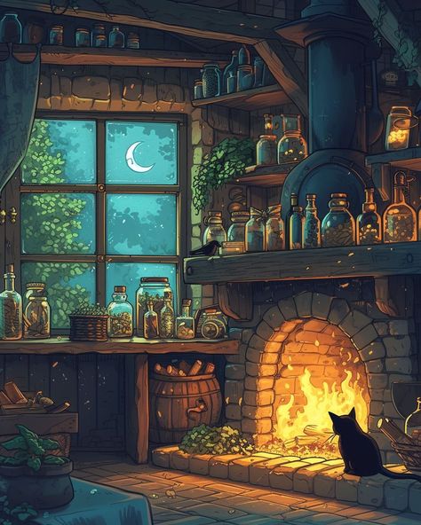 Witch House Interior Illustration, Forest Cottage Art, Witch Room Illustration, Cluttered Interior, Witchy Rooms, Witch Village, Supernatural Academy, Wizard Book, Witch's Cottage