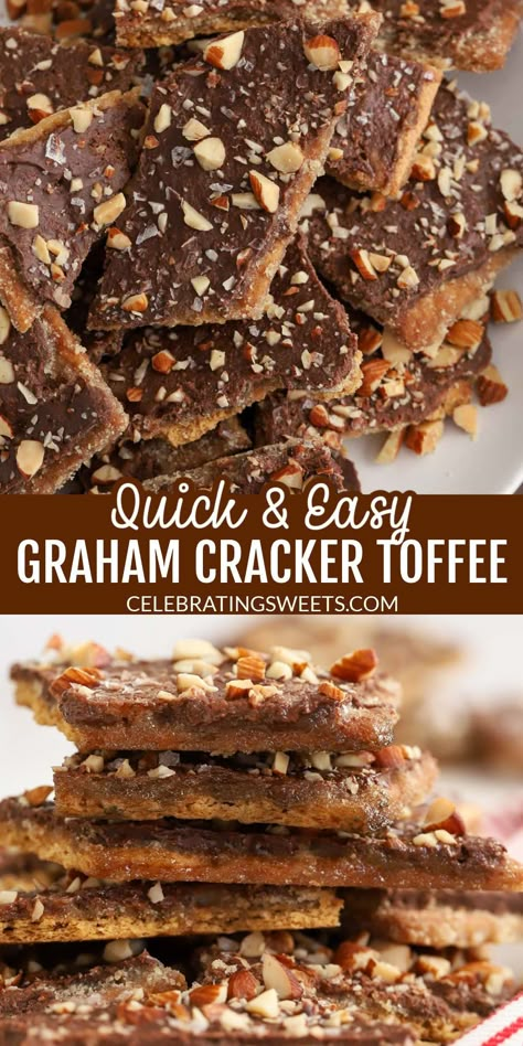 front view of graham cracker toffee broken into pieces and stacked. Graham Cracker Toffee Bars, Cracker Toffee Bars, Brown Sugar Toffee, Graham Cracker Toffee, Celebrating Sweets, Easy Toffee, Graham Cracker Recipes, Easy Candy Recipes, Homemade Toffee