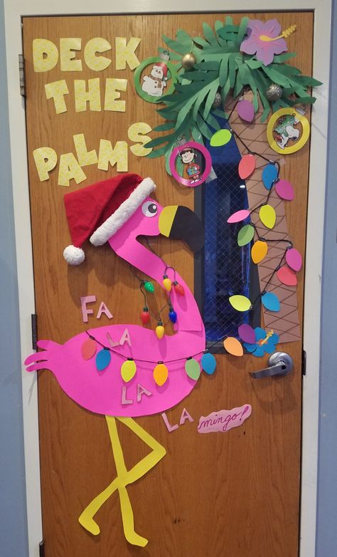 Hawaiian Themed Classroom Ideas, Tropical Outdoor Christmas Decorations, Christmas Cactus Door Decoration, Aloha Christmas Decorations, Deck The Palms Christmas, Beach Christmas Office Decorations, Christmas In July Bulletin Board, Christmas In July Work Ideas, Christmas Theme For Classroom