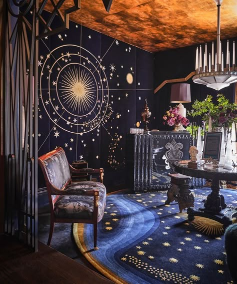 Tarot Bedroom Decor, Witchy Interior Design Modern, Celestial House Decor, Celestial Furniture, Observatory Aesthetic, Art Deco Library, Whimsigothic Home, Celestial Home, Chinoiserie Room