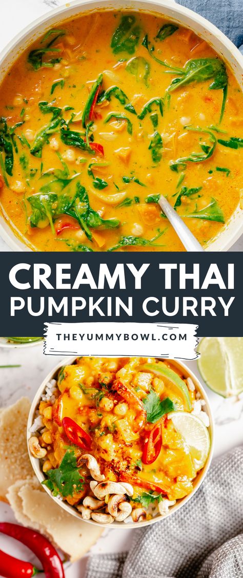 A simple 30-minute vegetable curry that is loaded with pumpkin, Thai flavors, spinach, chickpea, and peppers. You’ll love how fragrant, nutritious and spicy this Thai Red Curry Pumpkin is! Ginger Recipes Healthy Dinners, Red Curry Recipe Vegetarian, Thai Curry Recipes Vegetarian, Pumpkin Curry Indian, Curry Pumpkin, Pumpkin Coconut Curry, Pumpkin Coconut Chicken Curry, Thai Pumpkin Curry Recipe, Instant Pot Vegan Curry