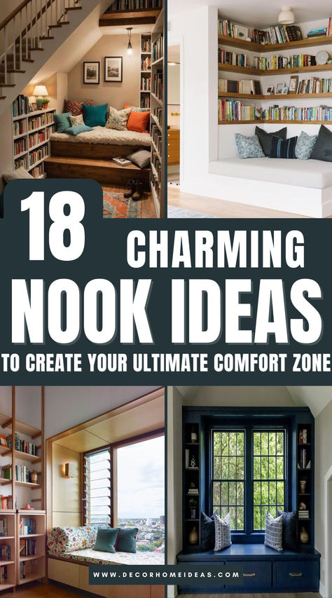 Explore 18 delightful reading nooks that turn your home into the ultimate cozy escape. Featuring comfy seating, warm lighting, and clever design ideas, these spaces are perfect for diving into your favorite book or simply unwinding. Which nook will inspire your next cozy corner? Bonus Room Reading Nook, Reading Nook Corner Bedroom, Reading Nook Window Seat Bookshelves, Nook Decorating Ideas Living Room, Elegant Reading Corner, Shiplap Reading Nook, Cape Cod Window Nook Ideas, Making A Window Seat, Reading Nook At Top Of Stairs