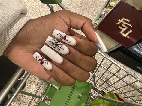 nail inspo, nails, fall nails, halloween nails, spider nails, white square acryilic nails Pink Spider Web French Tip Nails, White Base Halloween Nails, White And Red Halloween Nails, Spider Man Nails Acrylic Long, Red And White Halloween Nails, White Spider Nails, Spider On Nails, White Spooky Nails, Spider Acrylic Nails