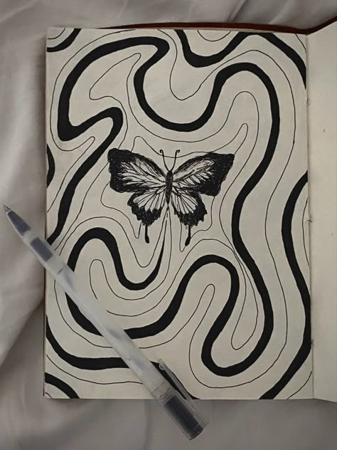 Random Scribbles Art, Painted Sketchbook Cover Ideas, Beginner Sketch Ideas, Notebook Cover Design Drawing, Butterfly Doodle Art, Cat Face Sketch, Notebook Drawing Ideas, Scratch Art Ideas, Drawing Ideas Creative Sketchbooks