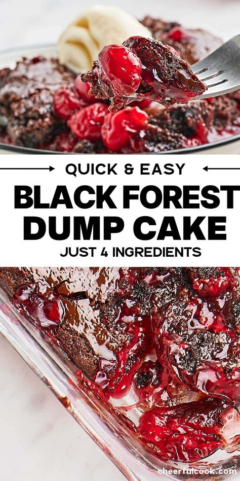 Get ready to enjoy our delightfully simple Black Forest Dump Cake. This recipe brings the magic of chocolate and cherries together to create an oh-so-tempting treat you just can't resist! Great for any occasion - be it a birthday bash, a cozy dinner, or just because. #cheerfulcook #BlackForestDumpCake #DumpCake #EasyDesserts #CherryChocolate Chocolate Cherry Cake 3 Ingredient, Black Cherry Chocolate Cake, Black Forest Dump Cake Recipes Chocolate Cherry, Chocolate Cherry Brownie Dump Cake, Dump Cherry Cake, Easy Dump Cake Recipe Chocolate, Easy Date Night Desserts At Home, Black Forest Dump Cake 4 Ingredients, Cherry Brownie Dump Cake