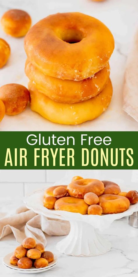 Air Fryer Glazed Donuts - an easy recipe that makes the best homemade donuts in the world, and you can even use 1-to-1 gluten free flour! Fried without any oil, the donuts are light and fluffy and the glaze is smooth and sweet. Gluten Free Donut Recipe, Air Fryer Donuts, Raised Donuts, Gluten Free Doughnuts, Glutenfri Baking, Gluten Free Yeast Free, Fried Donuts, Gluten Free Donuts, Gf Baking