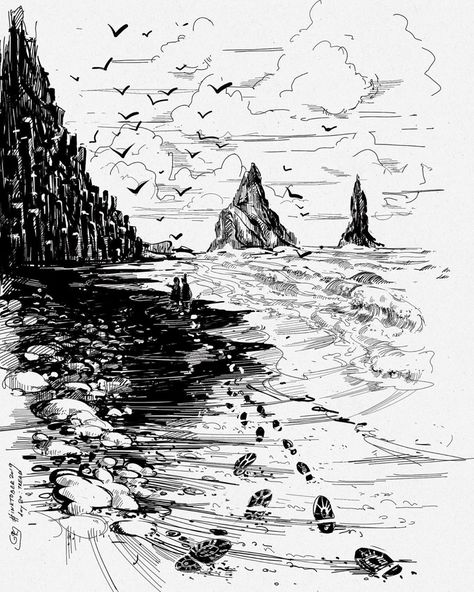 Shore Drawing Beach, Water Drawing Black And White, Iceland Drawing, Sand Drawing, Greece Painting, Beach Illustration, Water Drawing, Travel Books, Black And White Sketches