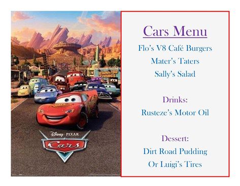 DISNEY MEAL #4 - CARS! Has link to pictures of How the Meal Came Together & The Treat! Happiest Memories On Earth - is an awesome blog that has SO MANY Disney Meal Ideas and MORE!! Cars Movie Night, Disney Movie Themed Dinner, Themed Dinners Ideas, Movie Themed Dinner, Family Movie Night Themes, Disney Movie Night Menu, Disney Meals, Disney Date Night, Disney Themed Movie Night