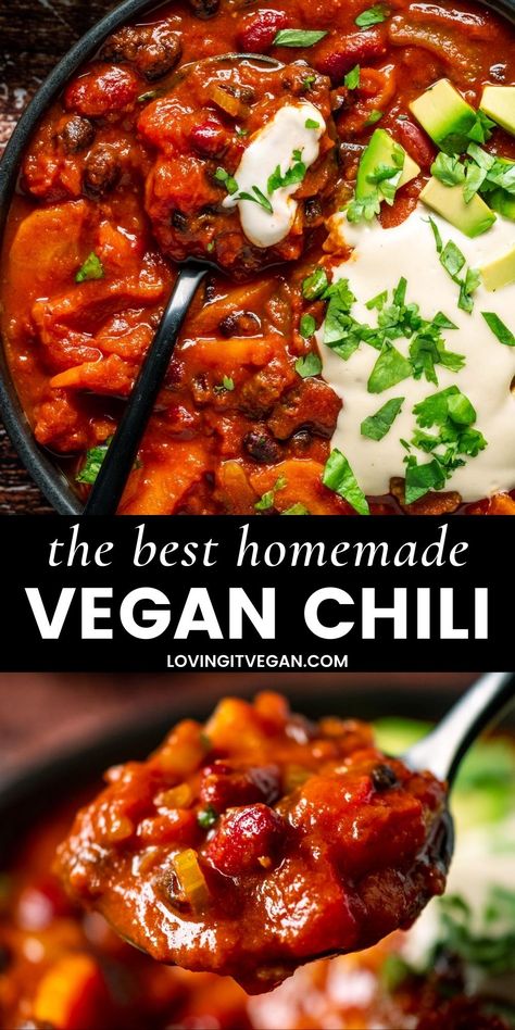 The best vegan chili is loaded with beans, veggies and plenty of flavor! It's hearty, cozy, comforting and insanely delicious. It's also super easy to make with pantry staples. | lovingitvegan.com Best Vegan Chili, Diet Meal Plan For Beginners, Vegan Chili Recipe, Vegan Chilli, Vegan Comfort Food Recipes, Monday Recipes, Plant Based Diet Meal Plan, Vegetarian Chili Recipe, Bean Chili Recipe