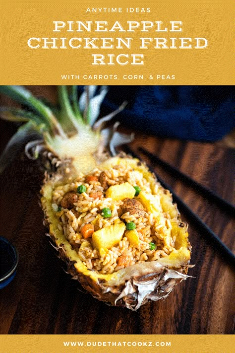 Pineapple Chicken Fried Rice is an easy and fun way to enjoy a combination of pineapple and chicken fried rice cooked in a traditional and savory umami sauce. Pineapple Chicken Fried Rice, Easy Pineapple Chicken, Pineapple Bowl Recipe, Pineapple Fried Rice Recipe, Vegetarian Oyster Sauce, Pineapple Bowl, Chicken Fried Rice Recipe, Pineapple Fried Rice, Chinese Cooking Wine