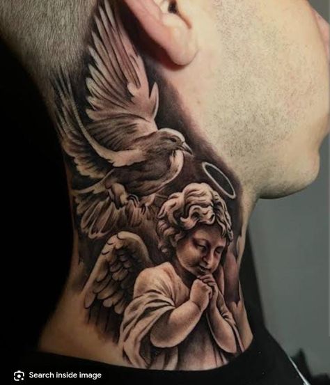 Mexican Neck Tattoo, Chest And Neck Tattoos Men, Angel Neck Tattoo For Men, Jesus Neck Tattoo, Angel Tattoo Neck, Dove Neck Tattoo, Neck Tattoo Design, Side Neck Tattoo For Guys, Back Of Neck Tattoo Men