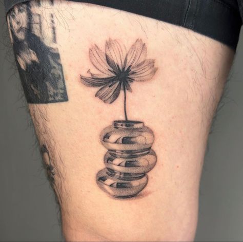 @ plantsnpokes on IG #tattoo #fineline Fine Line Realistic Tattoo, Back Vase Tattoo, Fineline Realism Tattoo, Fineline Vase Tattoo, Micro Realism Flower Tattoo, Flower Vase Back Tattoo, Vase Flower Tattoo, Fine Line Vase Tattoo, Vase Of Flowers Tattoo