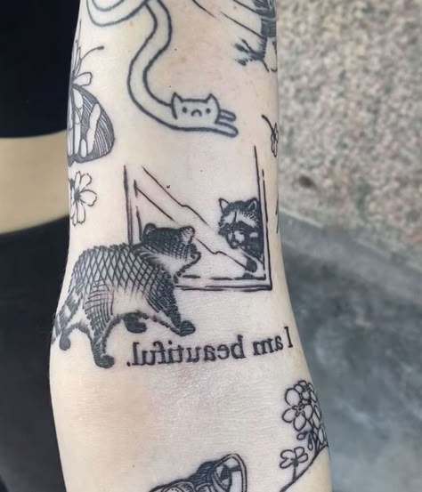 Zodiac Signs As Tattoos, Gender Fluid Tattoo Ideas, Liminal Space Tattoo, Cartoon Dog Tattoo, Possum Tattoo, Silly Tattoos, Tatuaje Studio Ghibli, Aesthetic Tattoo Ideas, Uv Tattoo