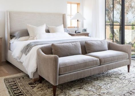 Reupholster sofa in den at end of bed? Sofa In Bedrooms, Settee In Front Of Bed, Sofa In Master Suite, Bedrooms With Sofas Ideas, End Of Bed Furniture, Loveseat In Front Of Bed, Chaise Lounge End Of Bed, Master Bed With Couch At End, End Of Bed Loveseat