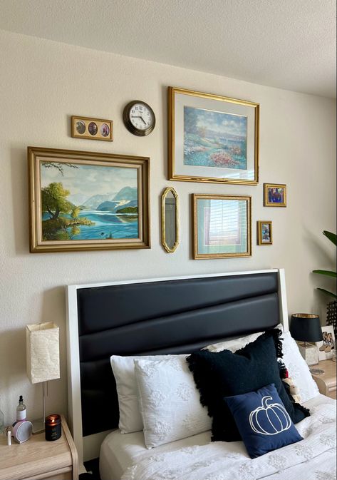 Gallery wall above bed Picture Collage Over Bed, Above Bed Gallery Wall, Photos Over Bed, Gallery Wall Bedroom Above Bed, Frame Above Bed, Picture Frames Above Bed, Gallery Wall Above Bed, Photos Above Bed, Above Headboard Decor