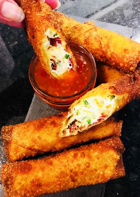 Bacon Jalapeno Popper Egg Rolls - Cooks Well With Others Jalapeno Popper Egg Rolls, Bacon Jalapeno Poppers, Egg Rolls Recipe, Jalapeno Popper Recipes, Poppers Recipe, Jalapeno Recipes, Stuffed Jalapenos With Bacon, Egg Roll Recipes, Jalapeno Popper