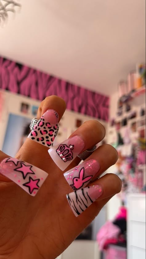 ˚୨୧⋆ @bella2angel Junk Nail Designs Bling, 2000s Mcbling Nails, Bimbocore Nails, 2000 Inspired Nails, Pink Zebra Print Nails, Rock Star Aesthetic, Mcbling Nails, Bunny Nail Art, 2000s Nails