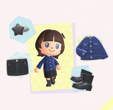 Items: star hairpin, denim jacket, denim skirt, lace-up boots Boots Animal Crossing, Animal Crossing Pocket Camp Outfits, Star Hairpin, Camp Outfits, Fashion Cards, Animal Crossing Pocket Camp, Animal Crossing New Leaf, Pocket Camp, Camping Outfits