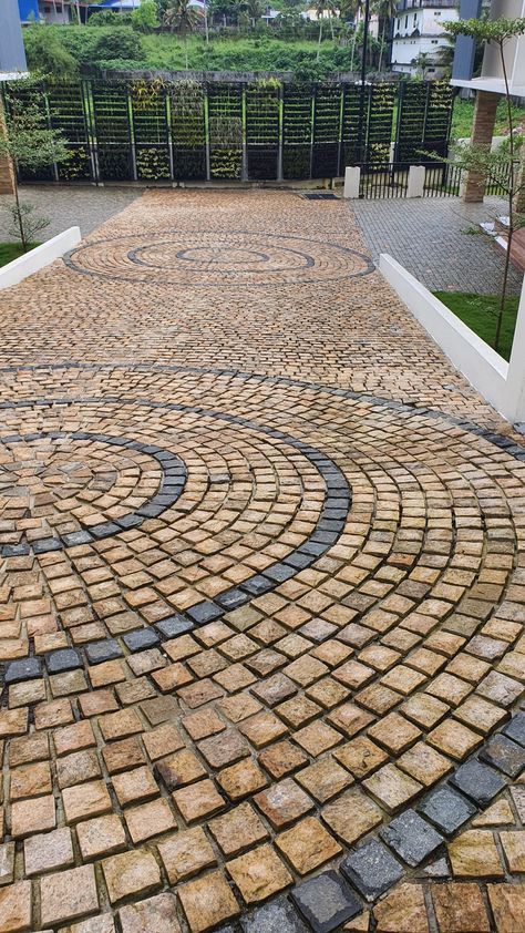 Coble Stone Walk Way, Cobble Stone Pavers, Outer Wall Design, Circular Landscape, Walkway Pavers, Landscape Presentation, View Reference, Mediterranean House Designs, Juhu Beach