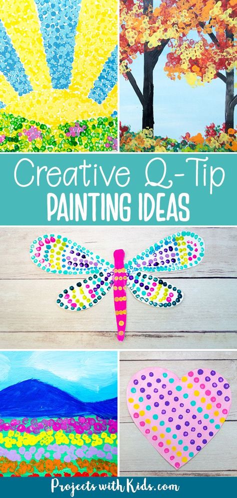 Q Tip Art Dot Painting, A Tip Painting, Dot Paint Preschool Activities, Polka Dot Crafts For Kids, Q Tip Painting Preschool, Paint With Q Tips, Qtip Painting Ideas Preschool, Q Tip Flowers Painting, Easy Spring Paintings For Kids