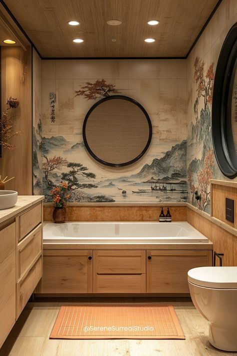 Japan Bathroom Aesthetic, Chinese Inspired Bathroom, Chinese Bathroom Design, Japan Bathroom Design, Asian Inspired Bathroom, Asian Bathroom Ideas, Chinese Modern House, Japanese Inspired Bathroom, Japan Bathroom