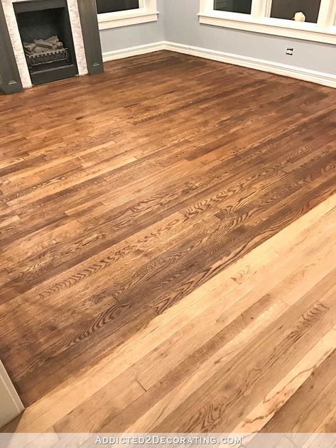 Minwax Special Walnut Stain On Red Oak, Special Walnut Stain On Red Oak, Provincial Stain On Red Oak, Unique Flooring Ideas, Hardwood Floor Stain Colors, Oak Floor Stains, Hardwood Floor Care, Staining Wood Floors, Wood Floor Stain Colors