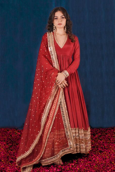 Buy Red Opada Silk Embroidery Mirror V Neck Pleated Anarkali With Dupatta For Women by SAUBHAGYA Online at Aza Fashions. Red Anarkali Suits, Anarkali With Dupatta, Heavy Dupatta, Traditional Mirror, Embroidery Mirror, Red Kurta, Silk Anarkali, Diwali Outfits, Trendy Outfits Indian