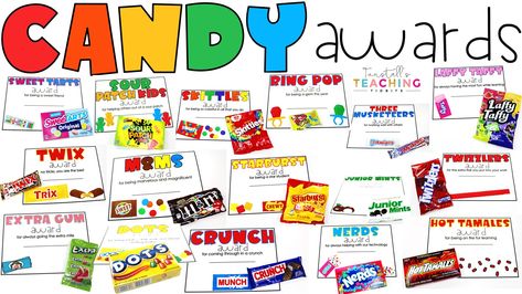 Editable candy awards make the sweetest end of year awards for your celebration. Perfect for school, staff, church, or family! Candy Awards For Students, Candy Awards, Awards For Students, Candy Bar Awards, End Of Year Awards, Extra Gum, Bubble Yum, Kids Awards, Junior Mints