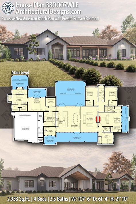 Plan 330007WLE: Exclusive New American Ranch Plan with Private Primary Bedroom | Ranch house plans, Dream house plans, Modern house plans 4 Bed 3.5 Bath House Plans, Ada House Plans, Multigenerational House Plans, Multigenerational House, Floor Plans Ranch, Family House Plans, Ranch House Plans, Inspire Me Home Decor, Primary Bedroom