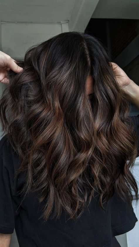 Dark Brown Hair Color With Dimension, Very Dark Brown Hair Balayage, Warm Dark Brown Hair With Dimension, Dimensional Brunette Medium Brown, Dark Chocolate Hair With Dimension, Sultry Brunette Hair, Dark Brown With Deminsion, Subtle Chocolate Balayage, Dark Partial Balayage