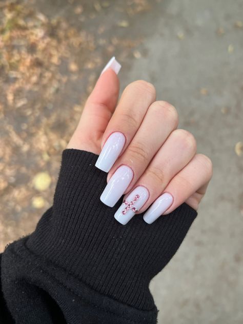 #y2k #pinkcore #whitenails #y2knails #crystals #naildesign #nailideas #baddie #freshnails #cross White Nails With Cross, Pink Cross Nails, Nails With Cross, Cross Nails, Pink Cross, White Cross, White Crosses, Nails Pink, False Nails