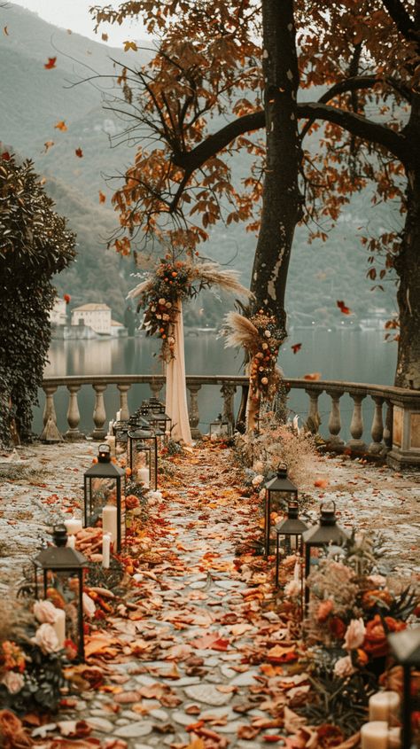 40+ Fall Wedding Ideas That Will Inspire You (Cake, Aisle, Table, Ceremony Decor, And More!) Wedding Aisle Fall Decorations, Fall Wedding Wedding Dress, Wedding Aisle Decorations Autumn, Elegant Autumn Wedding Decor, Wedding Inspiration Autumn, Backyard November Wedding, Fall Wedding Massachusetts, Fall Wedding Decor Ceremony, Isle Decorations Wedding October