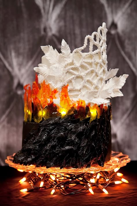 Made by my amazing cousin.  Delectable Cakes: Hunger Game: Katniss Everdeen's Mockingjay Wedding Dress Cake Hunger Games Wedding, Hunger Games Cake, Hunger Games Birthday, Games Cake, Fire Cake, Hunger Games Party, Hunger Games Katniss, Games Wedding, Wedding Dress Cake