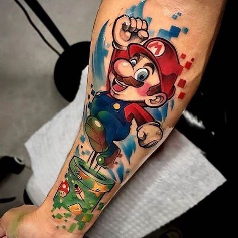 Super Mario Tattoo, Lego Tattoo, Nintendo Tattoo, Arm Tattoos Drawing, Video Game Tattoos, Mario Tattoo, 90s Tattoos, Artsy Tattoos, Gamer Tattoos