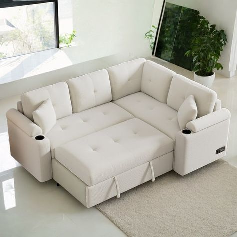 87.4'' L-Shape Pull-out Convertible Sofa Bed With USB Ports - Bed Bath & Beyond - 39859863 Cute Pull Out Couch, Couch Bed Ideas, L Shape Bed, L Shape Sofa Bed, L Shaped Beds, Apartment Couch, L Shaped Sofa Bed, L Shaped Sofa Designs, Studio At Home