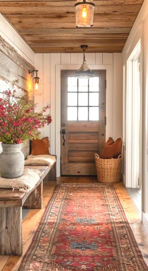 Cozy Entrance Hall, Hallway With Multiple Doors, Western Front Entryway, Family Room Entryway Combo, Rustic Front Entryway Ideas, Western Foyer Entryway, French Cottage Entryway, Boho Foyer Entryway, Warm Entryway Ideas